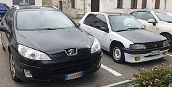 Cofano wrappato nero lucido (peugeot407sw) wrapping totale bianco lucido;cofano nero lucido,pellicola gialla sui fari,vetri posteriori oscurati e stemma personalizzato(peugeot 106 rallye)